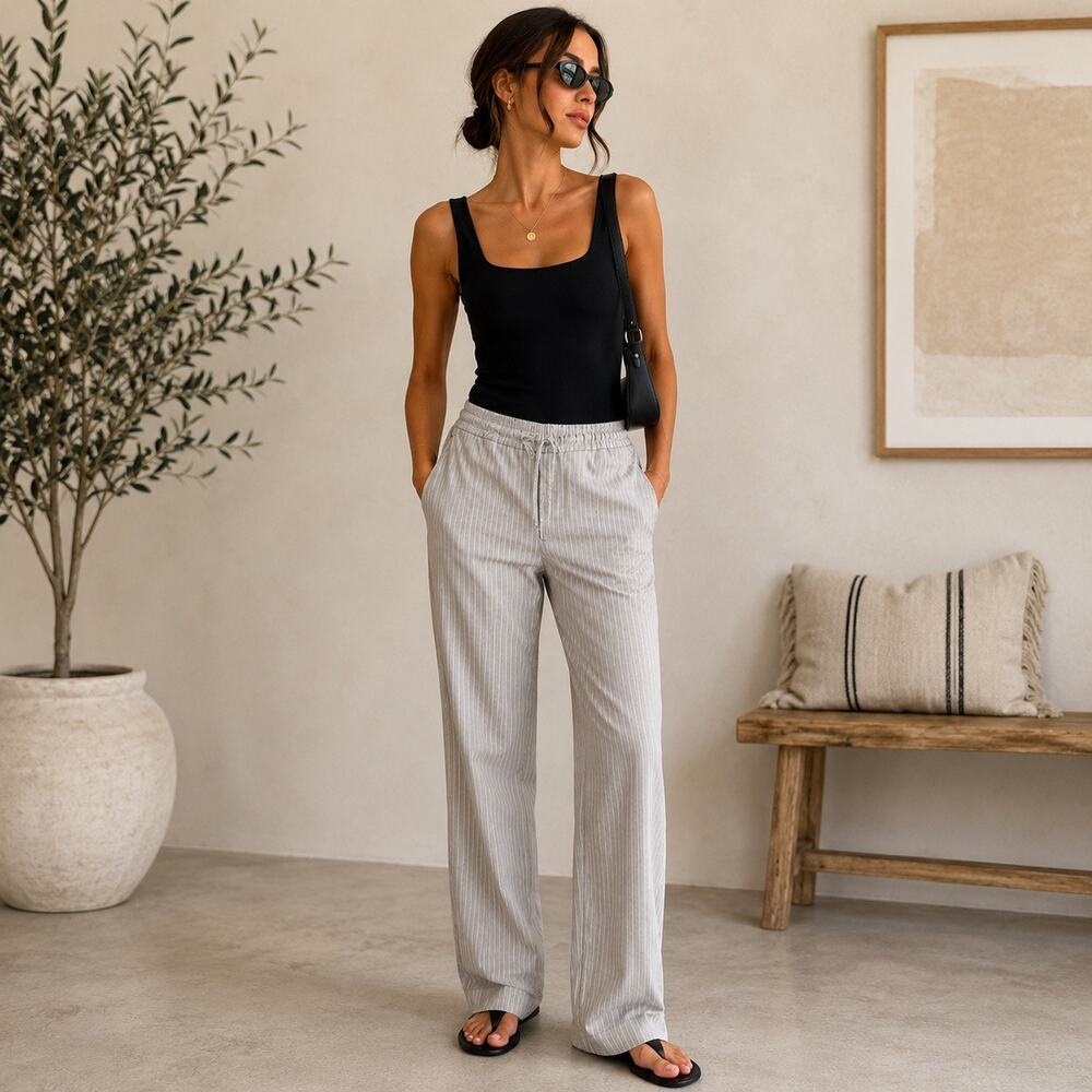Zara Gray Pinstripe Pull On Trousers Straight Leg Pants Size Large